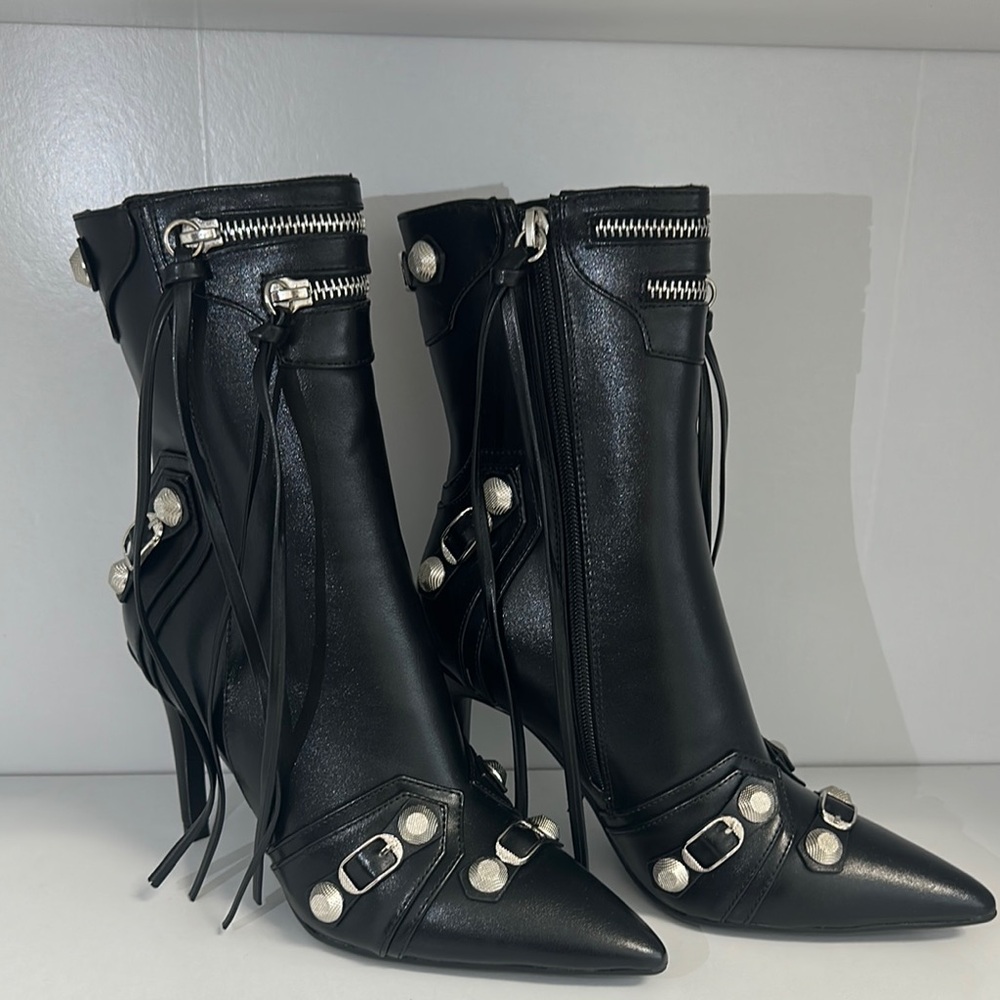 Black PU Ankle Boots with Silver Accents